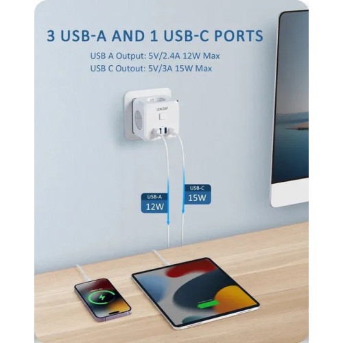 Тройник удлинитель cетевой фильтр Lencent с заземлением Белый Тройник удлинитель cетевой фильтр Lencent с заземлением Белый